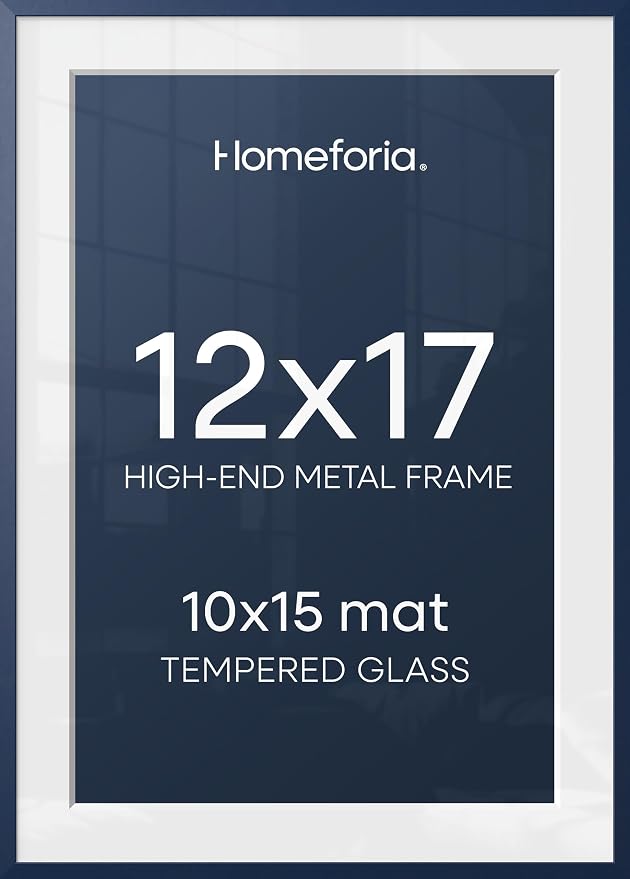 Homeforia 12x17 Picture Frame Navy Blue, High End Metal 12x17 Poster Frames with Mat 10x15 Photo, 12 x 17 Navy Blue Frame Matted to 10 by 15 Print, 17x12 Thin Frame, Tempered Glass, Wall Kit, Set of 2