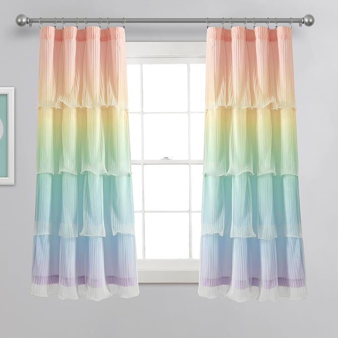 Lush Decor Rainbow Ombre Nerina Light Filtering Window Curtain Panels Pair 36" W x 63" L Rainbow - Rainbow Curtains - for Kids Bedroom - Nursery Decor