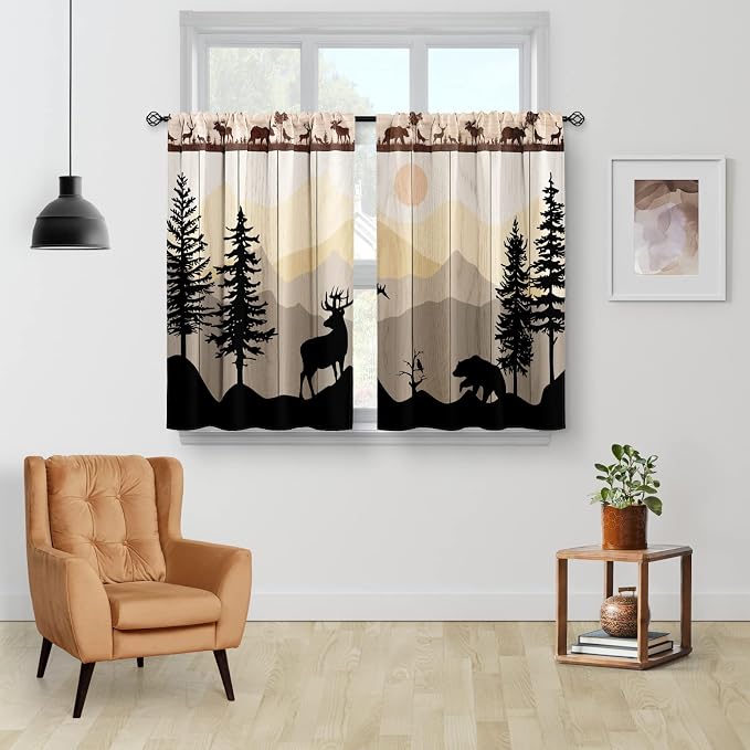 Aimego Forest Sunset Country Rustic Farmhouse Short Cafe Curtains Decor for Bathroom Tier Curtains Over Sink Retro Tree Bear Deer Rod Pocket Window Drapes RV Curtains 2 Panels