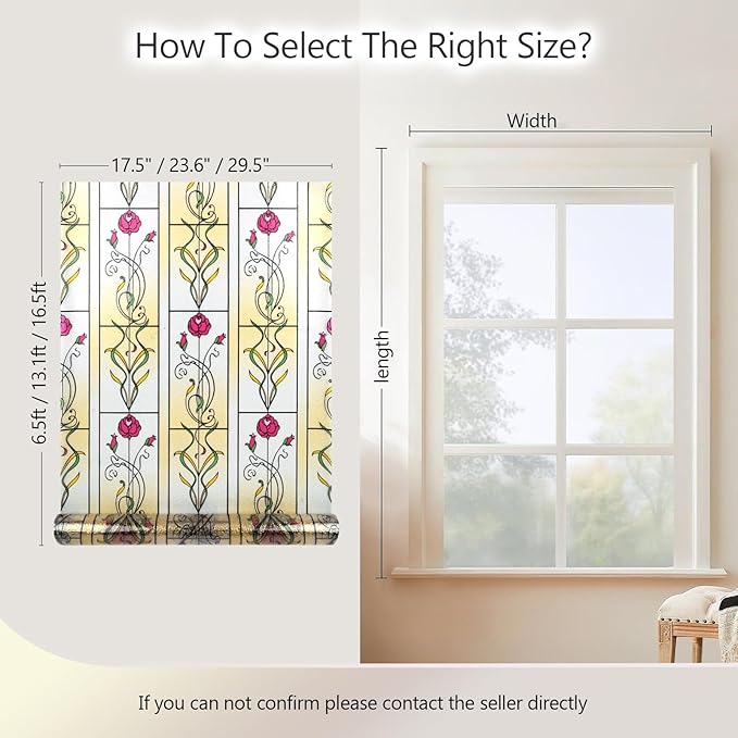 KESPEN WINDOW FILMS Window Privacy Film Stained Glass Frosted Glass Films Decorative Window Film with Rose Flower Static Cling Non-Adhesive Stickers Heat Control for Home, 35.4 Inch X 13.1 Feet