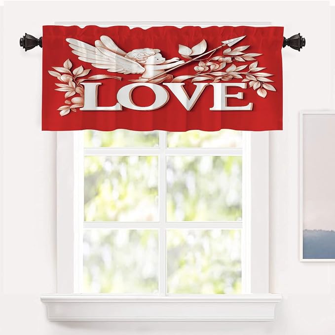 Shrahala Cupid Love Blackout Short Curtains for Windows, Romantic Love Kitchen Valance Thermal Insulated Rod Pocket Window Treatment for Bathroom 52 X 18 in