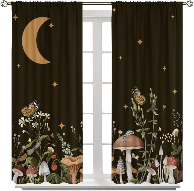 Wild Mushroom Blackout Curtains,Retro Floral Plants Boho Moon Star Window Drapes,Butterfly Botanical for Living Room Kitchen Bedroom,Black Background 42x63in
