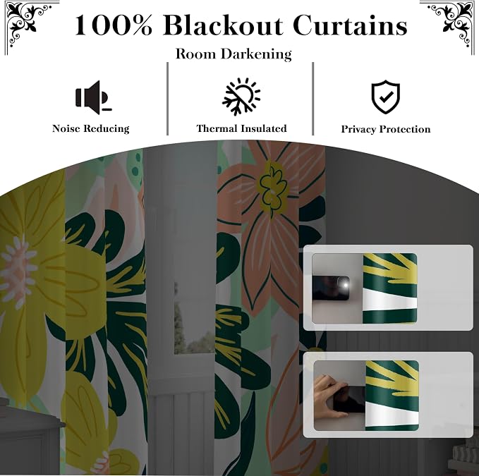 Tyrot Boho Floral 100% Blackout Curtains fo Bedroom 63 inch Long 2 Panels Mid Century Botanical Black Out Curtains for Living Room Grommet Thermal Insulated Room Darkening Window Drapes