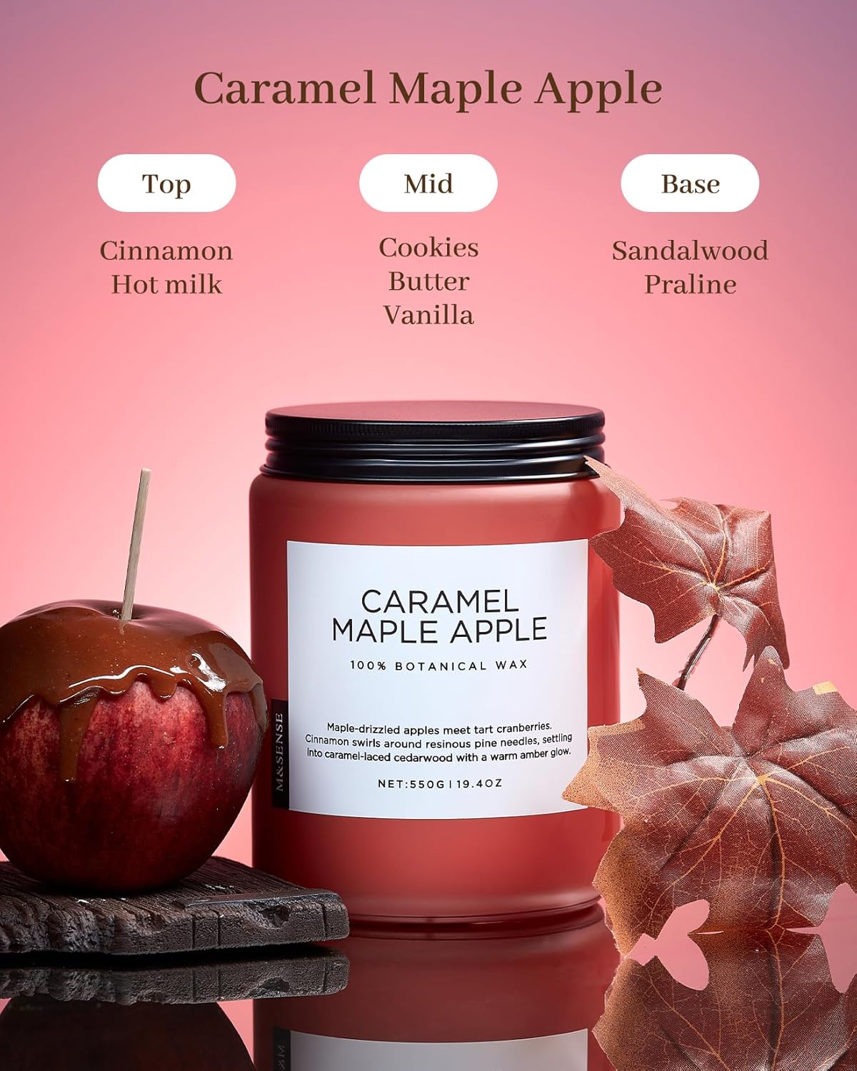 M&SENSE Caramel Apple Pie Candles for Home Scented, Natural Soy Wax 19.4oz Long Lasting 110 Hours Clean Non Toxic Large 2 Wick Candle Gifts for Thanksgiving Housewarming