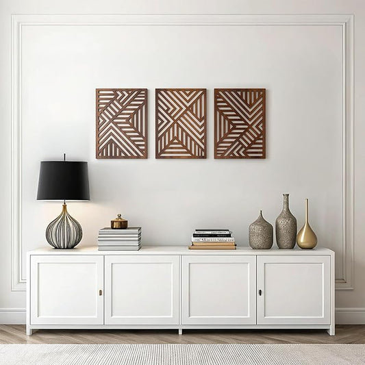 qmmp Modern Wooden Wall Sculptures - Set of 3 - Home Decor Accent - Large Wall Art for Living Room, Bedroom, Office - Easy Installation (Walnut, Large - Direction)