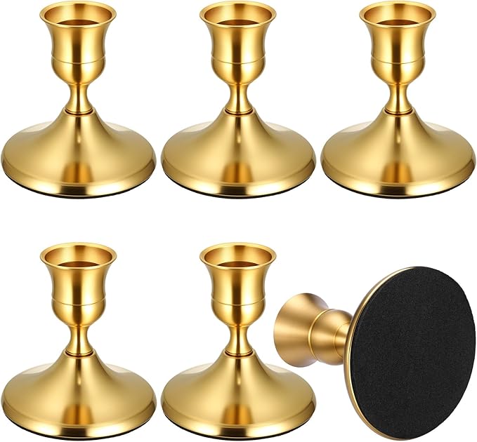 6PCS Brass Gold Taper Candle Holders Set, Vintage Metal Candlestick Holders for Table Centerpiece, Wedding Reception, Festive Christmas Mantel Decoration or Home Decor