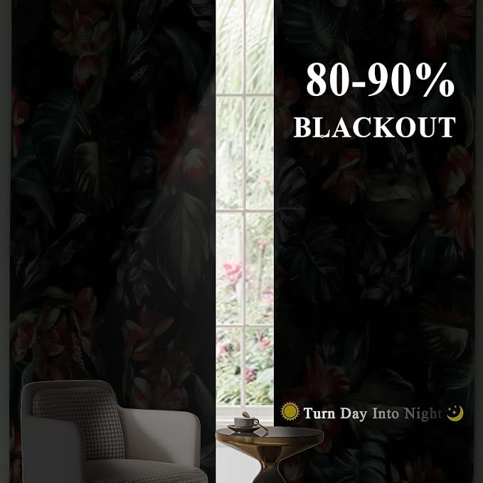 Estelar Textiler Boho Floral Blackout Curtains for Living Room 108 inch Long 2 Panels,Watercolor Leaf and Flower Print Thermal Insulated Room Darkening Drapes for Bedroooom,52x108 Inch