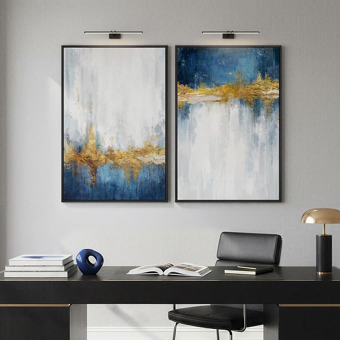 Framed Blue and White Abstract Wall Art for Living Room, Set of 2 Large Gold Modern Luxury Canvas Artwork for Walls, Contemporary Minimalist Painting Print Wall Decor for Bedroom Office, 24x36 Inch
