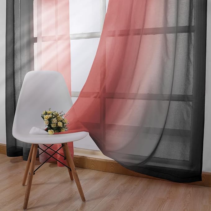 DWCN Ombre Sheer Curtains - Faux Linen Semi Voile Grommet Top Gradient Curtains for Bedroom and Living Room, Set of 2 Window Curtain Panels, 52 x 84 Inch Length（Black and Red