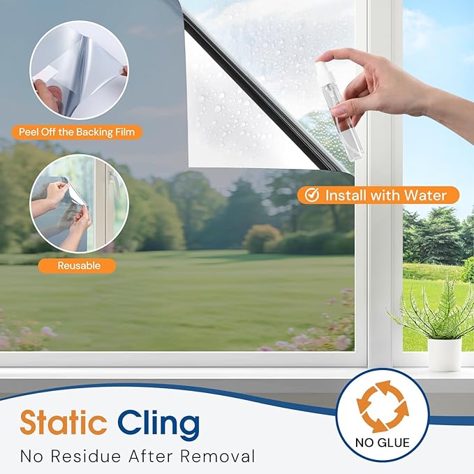 Homein One Way Privacy Window Film with Tool Window Tint for Home Heat Control Sun Blocking Anti UV Mirror Reflective Covering See Out Not in Static Cling No Glue Sliver 17.5" x 78.7"