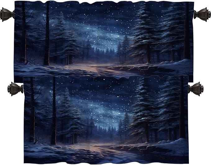 Shrahala Winter New Year Blackout Short Curtains for Windows, Stars Forests Snow Night Kitchen Valance Thermal Insulated Rod Pocket Window Treatment for Bathroom 2 Pack 52 X 18 in