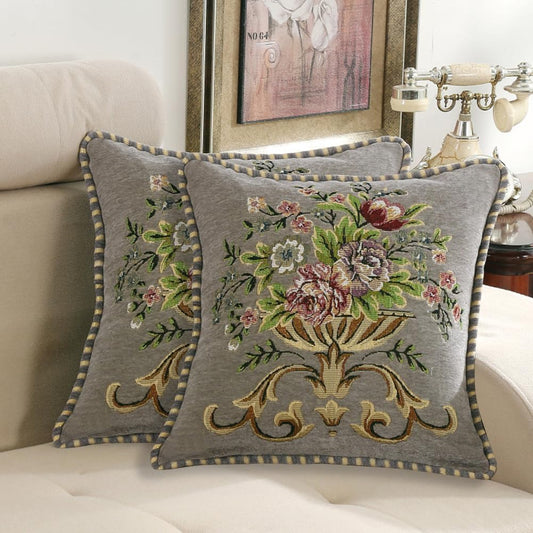 2 Pcs Grey Chenille Vintage Embroidered Throw Pillow Covers 18x18in,Grey Tassel Vintage Pattern Pillow Covers, Floral Embroidered Cushions Covers for Sofa Couch Bed Chairs Car