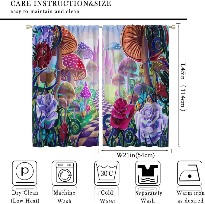 Fantasy Mushroom Blackout Curtains,Fairytale Forest Plant Castle Print Window Treatments for Bedroom Living Room Kitchen Colorful Cartoon Floral Window Drapes 2 Panels Set,Total Size42 x 45 Inch