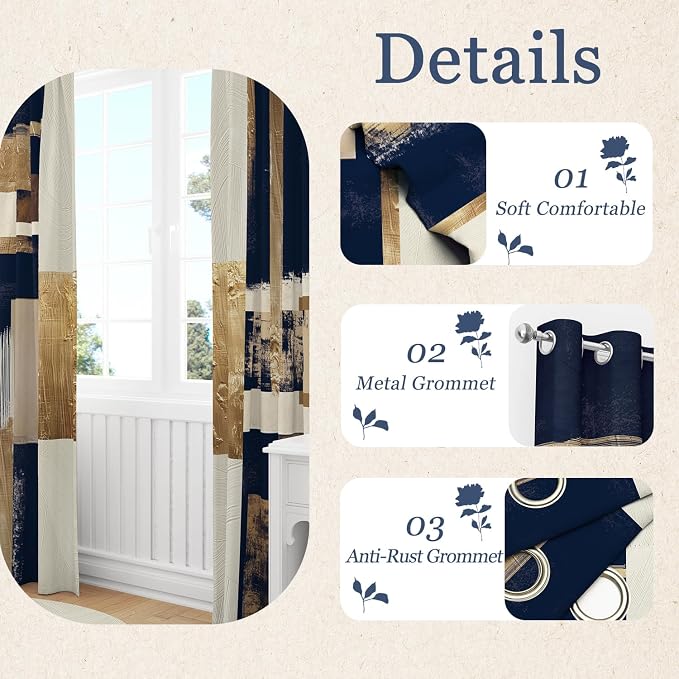 Boho Navy Blue Gold Abstract Blackout Curtains, Modern Oil Aesthetic Neutral Contemporary Beige Darkening Thermal Insulated Grommet Light Blocking Drape Decor, 52 x 84 Inch Long 2 Panels