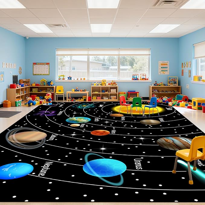Outer Space Rug for Bedroom - 8x10 Feet Space Rug for Boys Room Cartoon Solar System Planet Theme Carpet Decor for Kids Playroom Classroom Decor