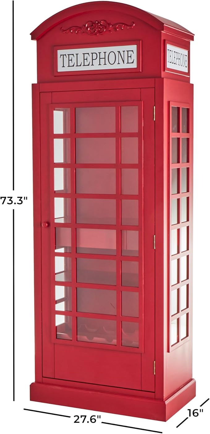 Deco 79 Wooden Telephone Standing Wine Rack Vintage London Booth 2 Shelf and 6 Bottle with Drawer Storage, 26" x 15" x 74", Red