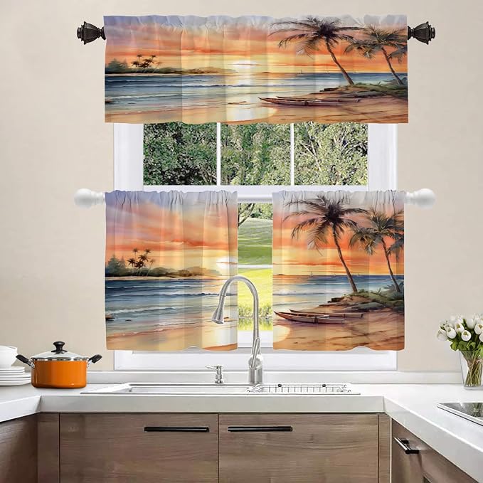 Shrahala Sunset Beach Blackout Short Curtains for Windows, Tropical Seaside Scene Kitchen Valance Thermal Insulated Rod Pocket Window Treatment for Bathroom 52 X 18 in