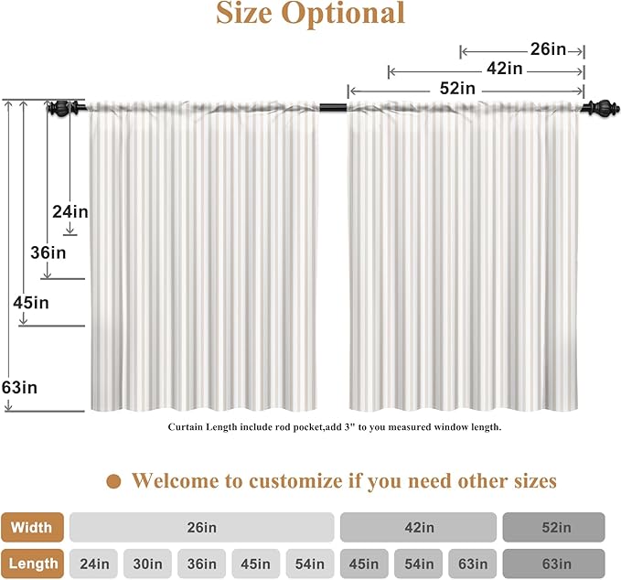 Renaiss 42 x 54 Inch Striped Short Curtains for Kitchen Windows Over Sink Country Taupe Pinstripe Curatin Linen Farmhouse Cafe Bathroom Small Curtains Rod Pocket Window Treatment Tiers 2 Panels