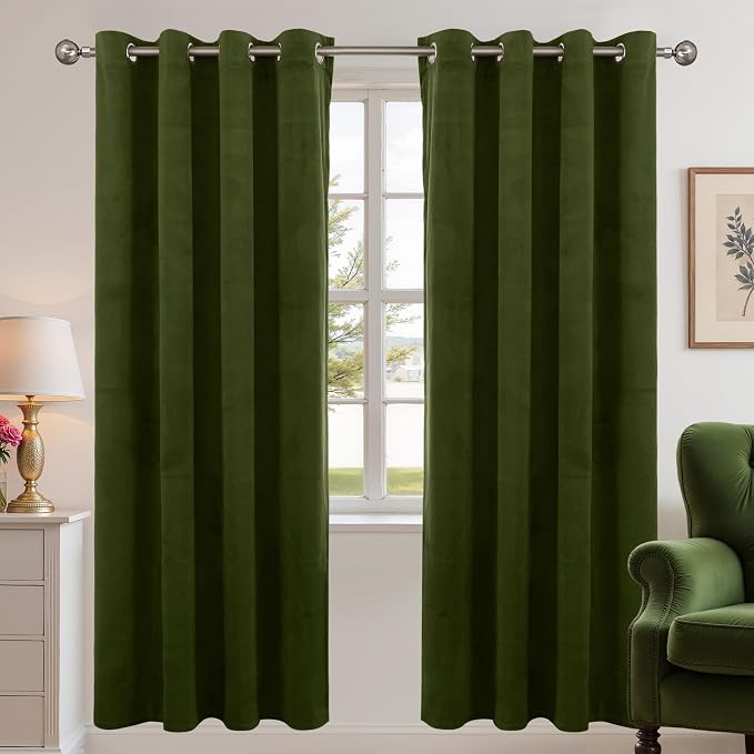 YoungsTex Olive Green Velvet Blackout Curtains 72 Inch Length for Living Room, Grommet Thermal Insulated Window Drapes Privacy Room Darkening for Bedroom, 2 Panels, 52 X 72 Inch