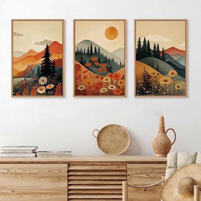 LHIUEM Large Boho Mountain Sunset Framed Canvas Wall Art Set, Pine Tree Flowers Wall Decor, Nature Landscape Forest Artwork for Living Room,Bedroom,Dining Room,Office -24"x36"x3