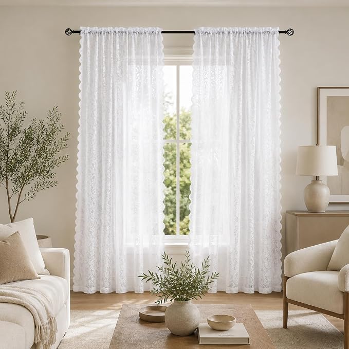 ALIGOGO White Lace Curtains 84 Inch, Vintage Floral Sheer Panels | Light Filtering, Privacy Drapes for Living Room Bedroom, Scalloped Edge, Rod Pocket, 2 Panels, 52 x 84 Inch