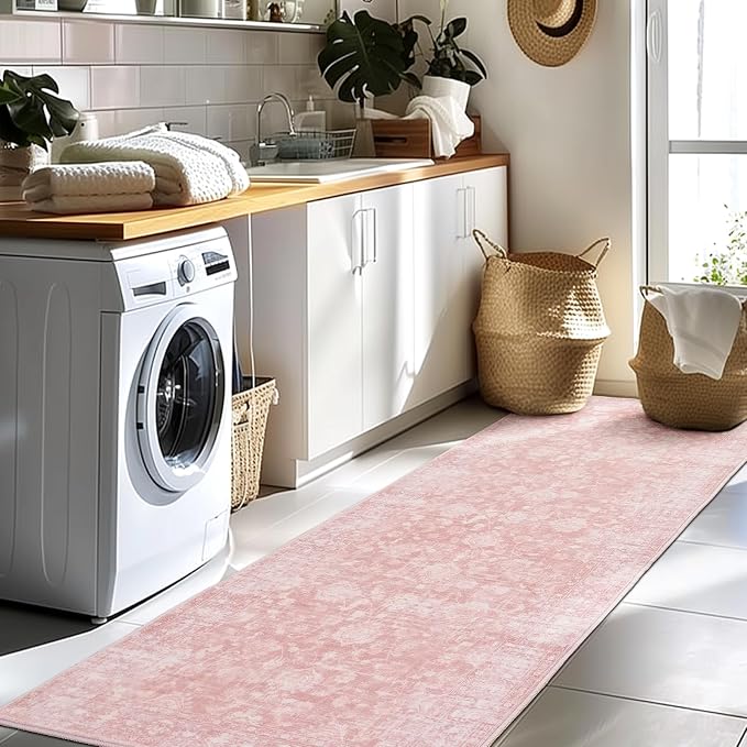 FROZZUR 2x6 Boho Pink Runner Rug Vintage Farmhouse Hallway Entryway Rugs for Kitchen Bedroom Non Slip, Washable Boho Carpet for Home Decor