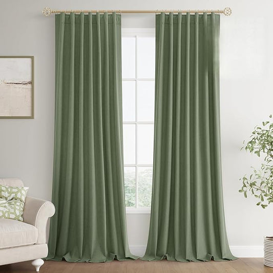 Joywell 100% Blackout Linen Blackout Curtains 108 Inch for Bedroom Black Out Curtain Rod Pocket Back Tab Thermal Insulated Drapes for Sliding Glass Door Window 2 Panels,52 x 108,Olive Green