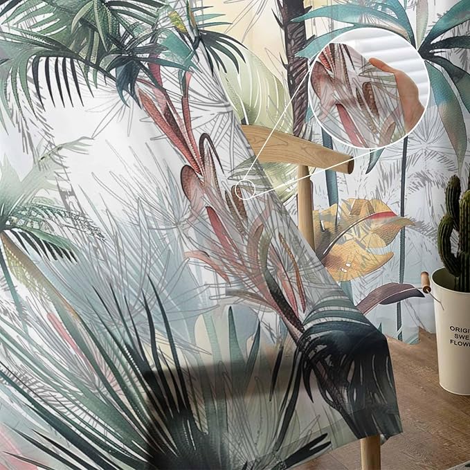Teal Green Palm Tree Sheer Curtains 84 Inch Length 2 Panels Set for Living Room/Bedroom, Semi Curtain Sheers Drapes Rod Pocket Window Curtains 52x84x2 Summer Tropical Coconut Plant Modern White