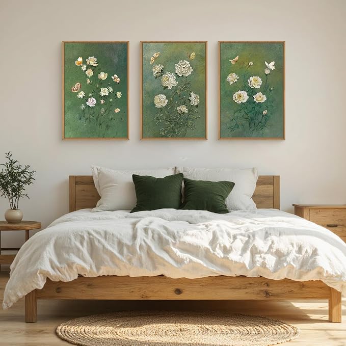 LHIUEM Vintage Moody White Roses Framed Canvas Wall Art,Abstract Flower Green Wall Decor,Nature Floral Butterfly Wall Painting,Aesthetic Blossom Artwork for Living Room,Dining Room,Office-16 x24 x3
