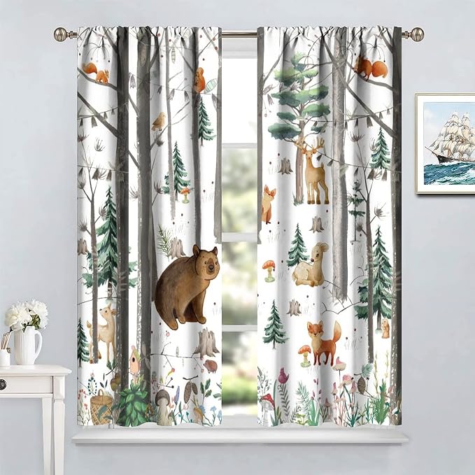 YCness Kid Forest Woodland Animal Fox Elk Bear Watercolor Print Curtains for Nursery Bedroom Living Room, Rustic Wild Animal Window Drapes 2 Panel Set, 63x72 Inch