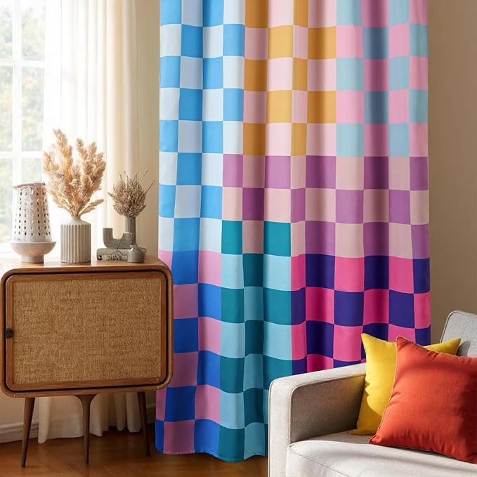 RoomTalks Multicolored Checkerboard Blackout Window Curtains for Bedroom Living Room 96 Inches Length 2 Panels, Mid Century Modern Aesthetic Curtain Panels Colorful Vibrant Checkered Window Drapes