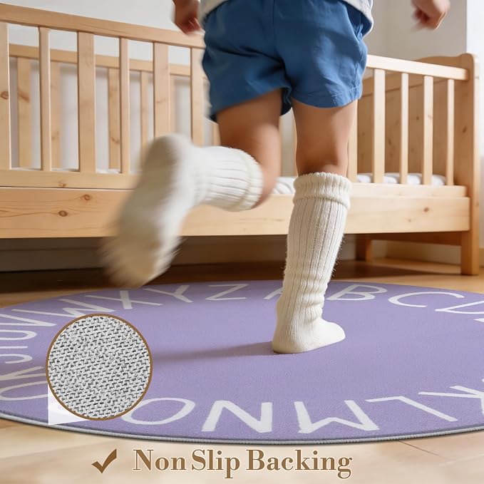 Topotdor Round Kids Play Rug Alphabet Nursery Area Rug Extra Large Soft Crawling Play Mat for Children Toddlers Bedroom (47 inch, Purple)