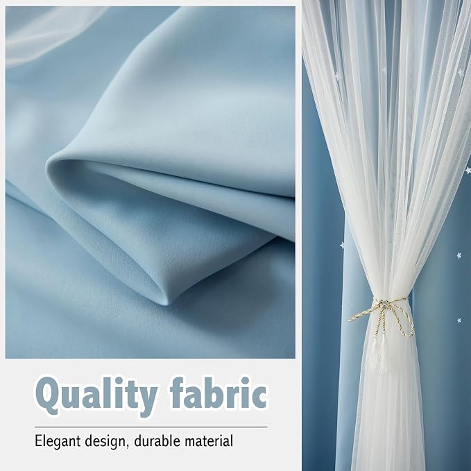 Cute Star Blackout Curtains for Girls Bedroom, Princess Curtains, W52X L120 | 2 Panel Light Blue Thick Grommet Top Star Cutout Curtains, Double Layer Nursery Kids Curtains, Aesthetic Living Room Decor