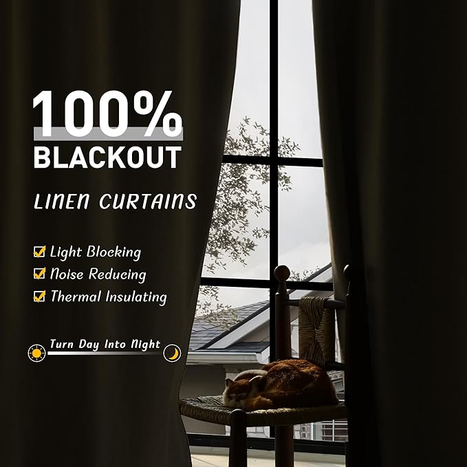 UHITECH Linen Short Black Out Curtains 54 Inch Long Living Room Back Tab Curtains for Bedroom Window Panels Set Privacy 100% Blackout Drapes Soundproof
