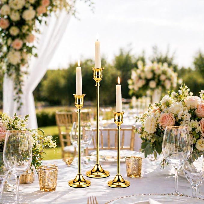 Brass Gold Candle Holders Set of 12, Metal Taper Candlestick Holders in 3 Heights - Vintage Candle Stick Holder Brass Decor - Candle Holder Centerpieces for Wedding Table Home Christmas Decoration