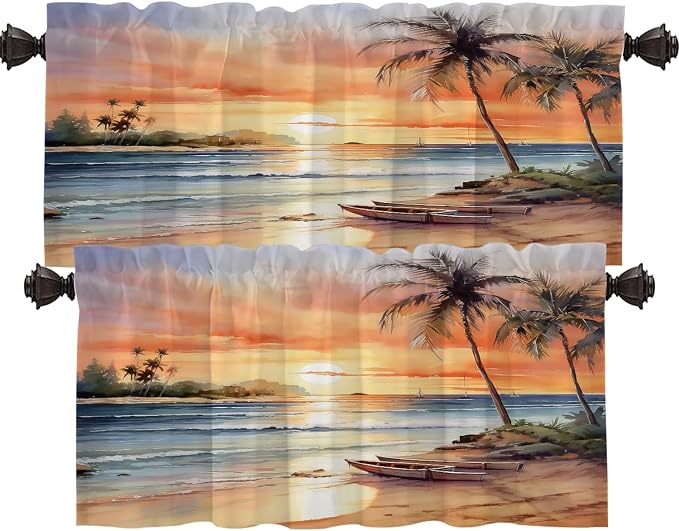 Shrahala Sunset Beach Blackout Short Curtains for Windows, Tropical Seaside Scene Kitchen Valance Thermal Insulated Rod Pocket Window Treatment for Bathroom 2 Pack 52 X 18 in