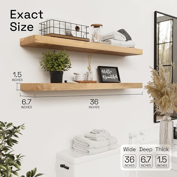 Natural Wood Floating Shelves for Wall 36 Inches Long, Oak Wooden Shelf | Solid Wood, Heavy Duty 36 Inch, Large Wall Shelf for Bathroom Bedroom Kitchen, Farmhouse, Oak Finish, 36W × 6.7D, Set of 2