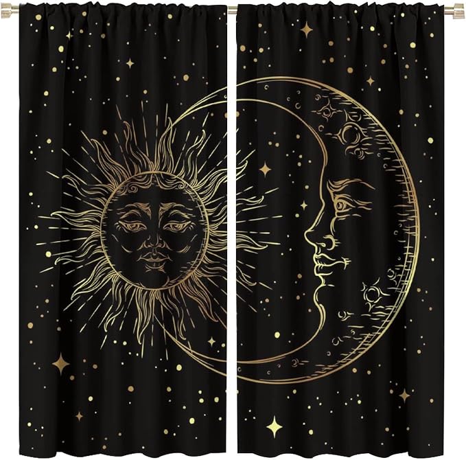 Gold Sun and Moon Blackout Windows Curtains, Fantasy Mandala Bohemian Universe Galaxy Printed Curtains, for Living Room Bedroom 63x63in 2 Panels