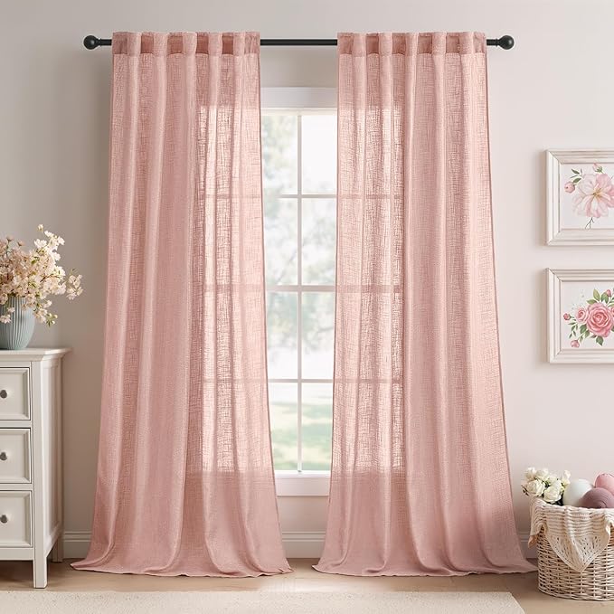 MIULEE Blush Pink Linen Curtains 90 Inch Long 2 Panels for Bedroom, Soft Thick Linen Textured Window Drapes Semi Sheer Light Filtering Back Tab for Living Room Light Pink Decor