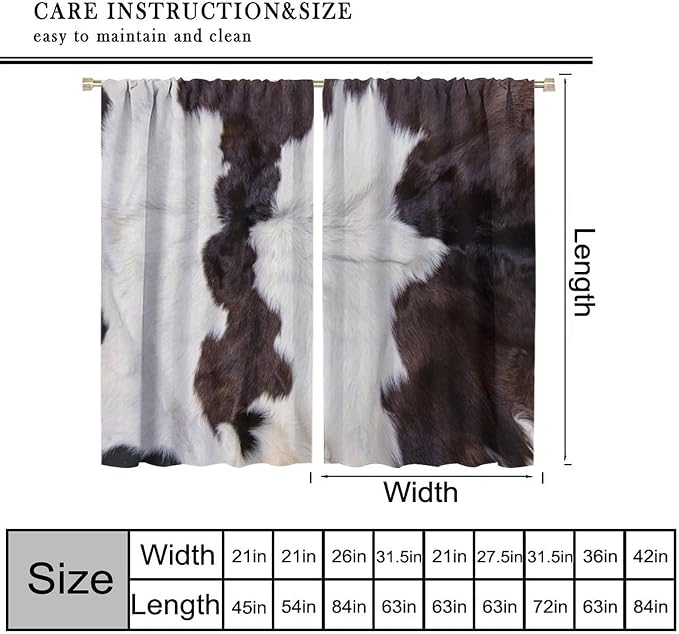 Cowhide Blackout Curtain, Retro Farmhouse Animal Spotted Black White Cow Texture Print Curtains Rod Pocket Window Treatments 2 Panels Drapes for Kitchen Living Room Bedroom Cafe Decor 63"W X 72"L