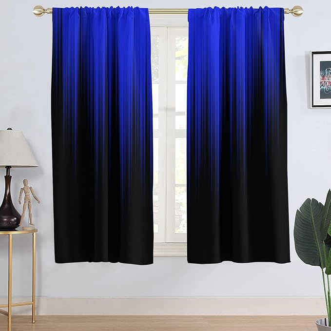AAtter Royal Blue and Black Ombre Window Curtains, 2 Panels, 42" W x 63" L | Modern Striped Rod Pocket Drapes, Dark Gradient Abstract Style, Cool Anime Masculine Design, Trendy Bedroom Decor for Men