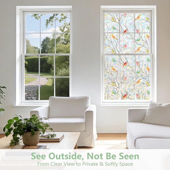 Kromapolis Window Privacy Film, Stained Glass Sticker Window Clings, Decorative Static Clings UV Blocking Colorful Decals, Removable Vinyl Covering Rainbow Bird, 17.5'' x 78.7''