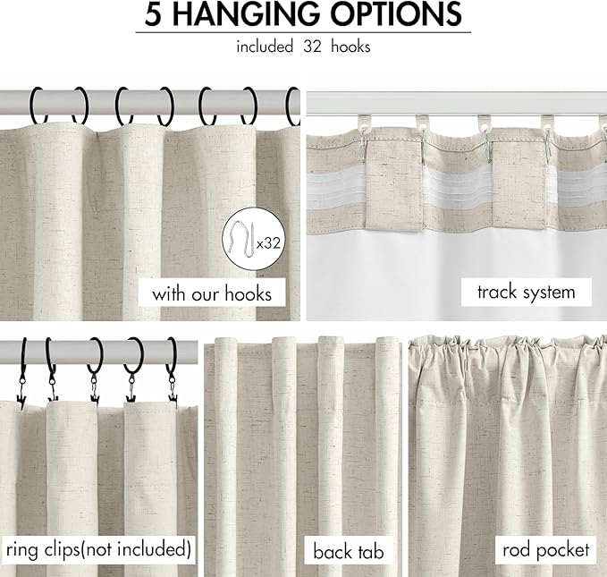 EMEMA Natural Linen Blackout Curtains 120 inch Long 2 Panels Set for Bedroom Back Tab Thermal Insulated 100% Black Out Drapes Pinch Pleated Hooks Room Darkening Window Curtain for Living Room