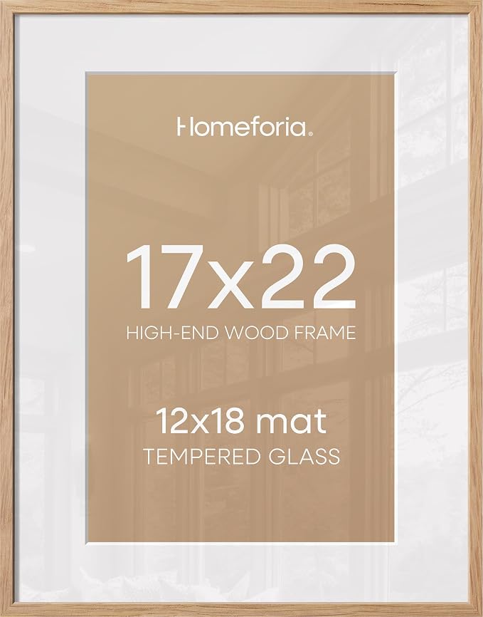 Homeforia 17x22 Picture Frame Natural Wood, High End Oak 17x22 Light Wooden Poster Frame with Mat 12x18, 17 x 22 Frames Matted to 12 x 18 Photo, 22x17 Hanging Frame, Tempered Glass, Wall Kit, Set of 2
