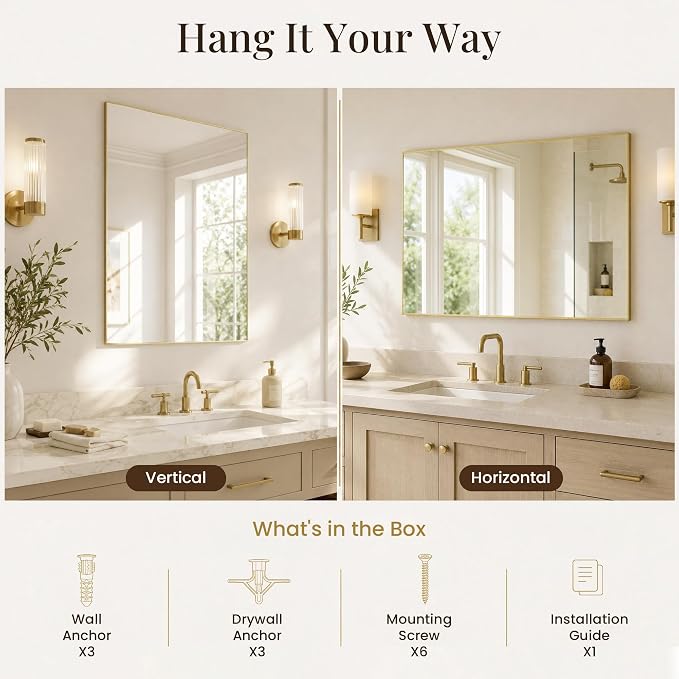 24"x36" Satin Gold Framed Rectangle Bathroom Vanity Wall Mirror | Over-Sink Vanity Mirror, Slim Metal Frame, Entryway or Dresser Use, Vertical/Horizontal Mount, Tempered Glass