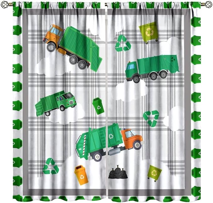 Truck Blackout Curtain,Boys Kids Cartoon Green Garbage Cars Pattern Print Window Curtains for Dining Room Living Room Kitchen Cafe Bedroom Office Drapes,52x96 in