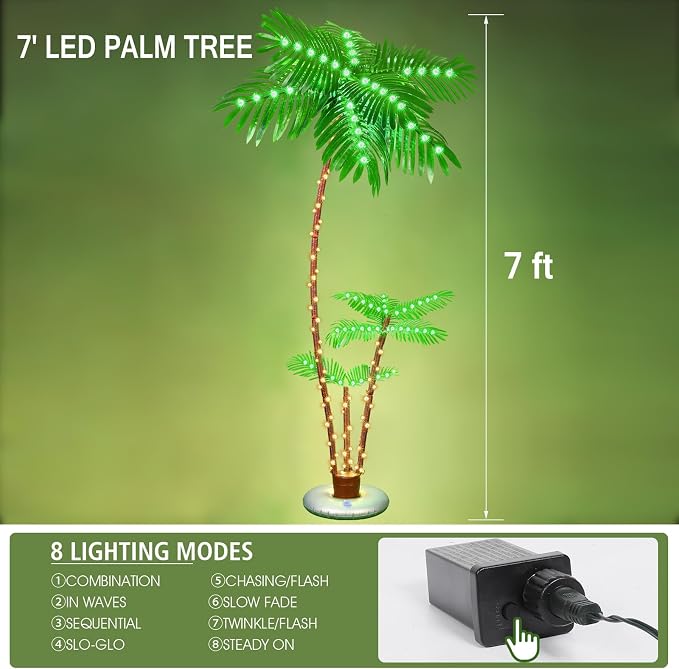 OUSHENG Lighted Palm Tree Bar Outdoor Christmas Decorations Decor, Light Up LED Artificial Fake Faux Trees Lights for Outside Patio Yard Pool Porch Deck Party Tropical, 7FT