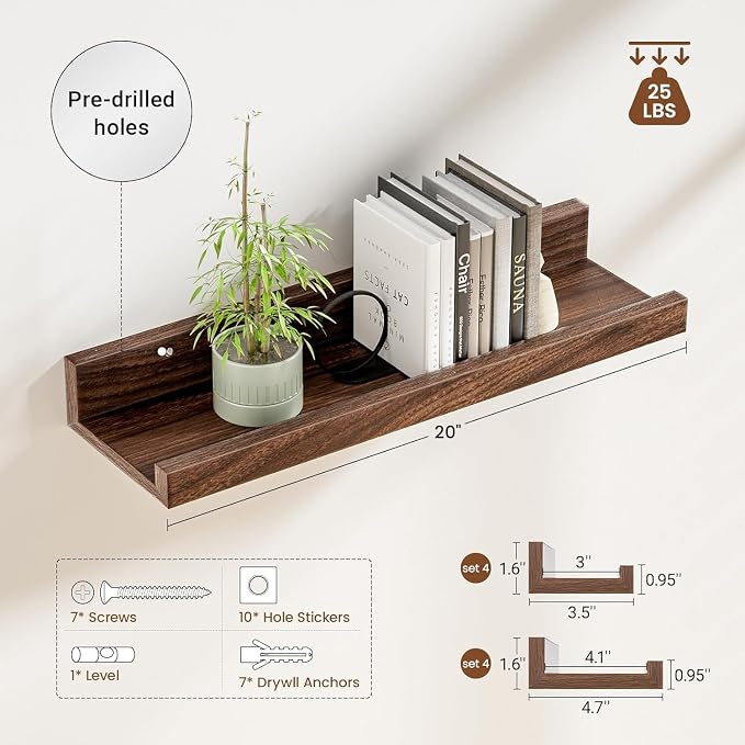 Heimlove 20 inch Picture Ledge Shelf Set of 8,Long Floating Shelves for Wall,Walnut Picture Shelf with Lip for Wall Decor,Living Room Bedroom Bookshelf Photo Frames Nursery Book Shelves for Storage