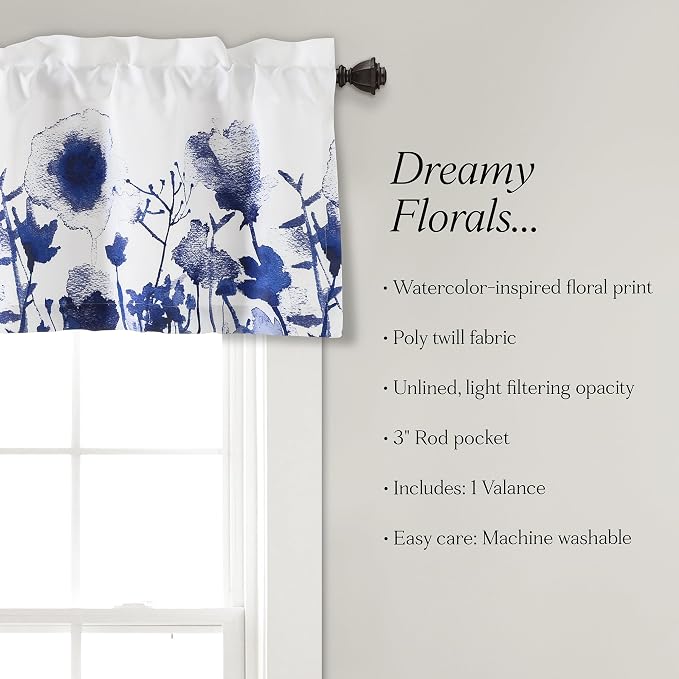 Lush Decor Zuri Flora Light Filtering Window Curtain Valance, 18" L x 52" W, Navy