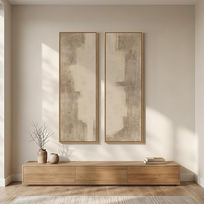 Long Narrow Framed Neutral Abstract Vertical Wall Art Set of 2, Oversized Modern Canvas Prints Paintings Artwork for Walls, Beige Minimalist Pictures for Hallway Entryway Living Room Bedroom Wall Decor